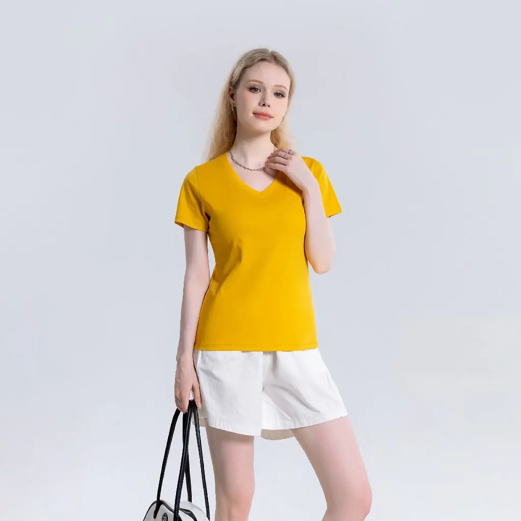 

Women's White Cotton T-shirt 15-Color Double-Sided 80% Mercerized Cotton Summer Loose Fit round V-Neck Short-Sleeved Base Shirt