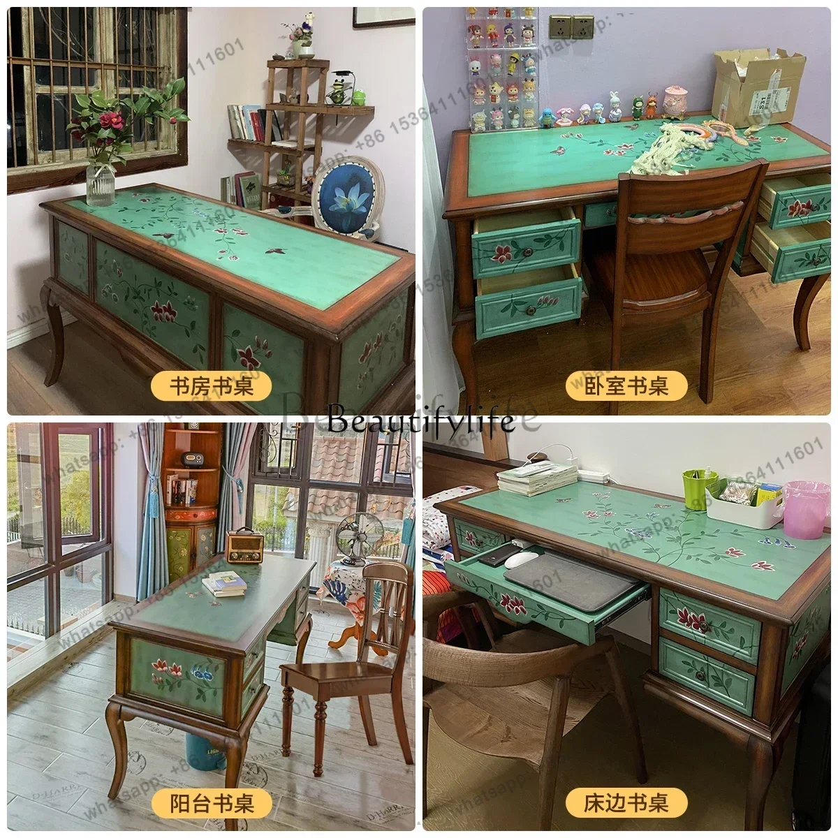 HJ 1PJ12PJ12Living room desk solid wood integrated office computer retro painted long table