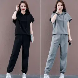 Women Hoodie Pants Set Casual Elastic Waist Drawstring Hooded Sports Loose Pockets Plus Size Top Trousers Suit 2 Pcs/Set