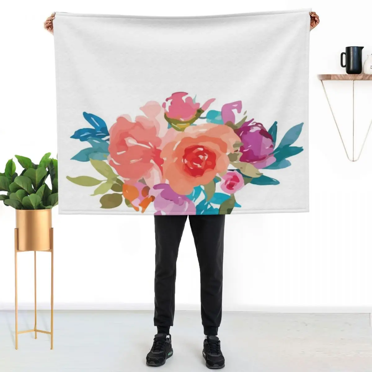 

Romantic Watercolor Flower Bouquet on White Throw Blanket Warm Plush Fuzzy Blanket for Living Room