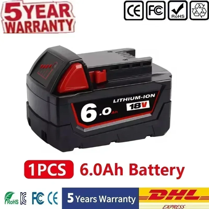 Voor Milwaukee M18 accu voor elektrische gereedschappen, oplader, BR, XC, 18V, 6000mAh M18B5, 48-11-1860, ingebouwde 18650 accu