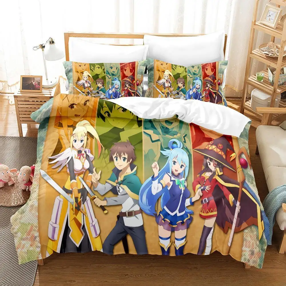 Kawaii KonoSuba Bedding Set Cartoon Anime three-piece set Adult Kid Bedroom Duvetcover Sets 3D Kawaii Girls king size bed sets