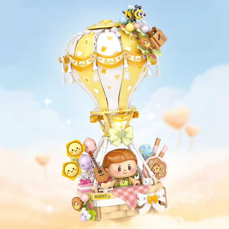لوز كوكو منطاد الهواء الساخن اللبنات لعبة نموذج تجميعها الموسيقى منطاد الهواء الساخن الحلوى منطاد الهواء الساخن لعبة أطفال هدية