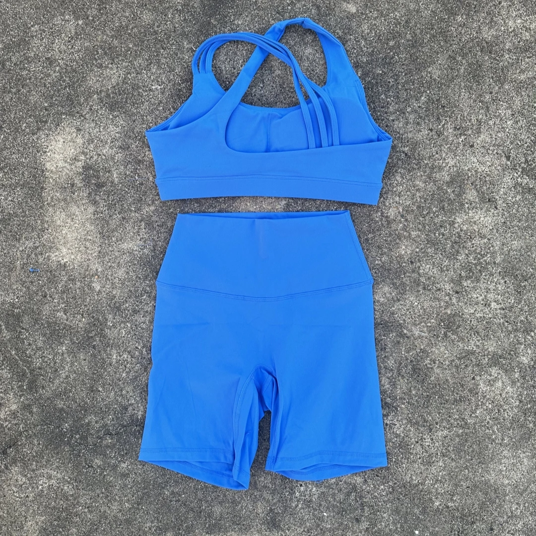 Solid Color Gym Yoga Short Legging Set Soft Tight Women Thin Shoulder Strap Vest Fitness Bra Sports Cycling Short 2pc Sportswear