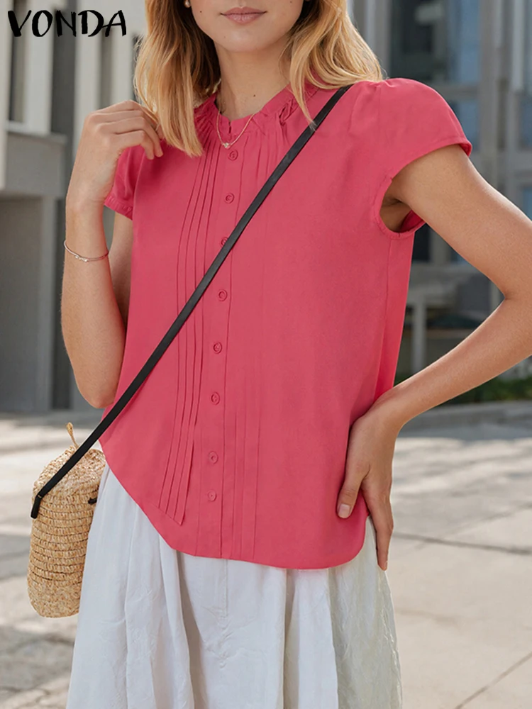 

VONDA 2025 Summer Shirts Solid Color Elegant Ruffled Blouse Casual Short Puff Sleeve Tops Loose Stand Collar Blusas Femme