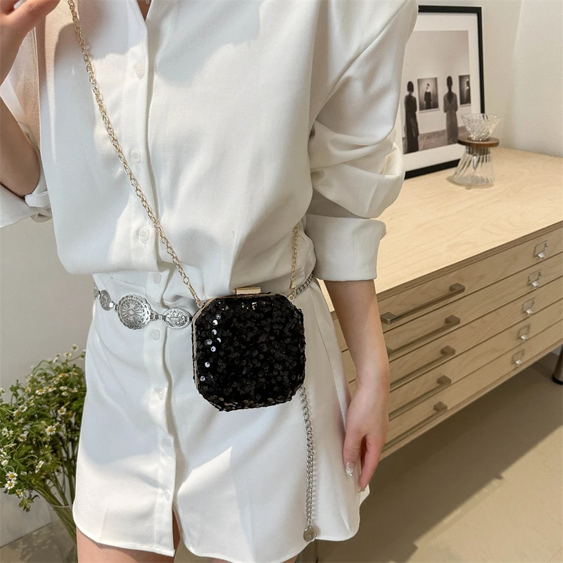 Super Mini Crossbody Bags For Women Designer Bags Luxury Silver Sequined Shoulder Coin Mini Purse Cute Square Box Lipstick Bag