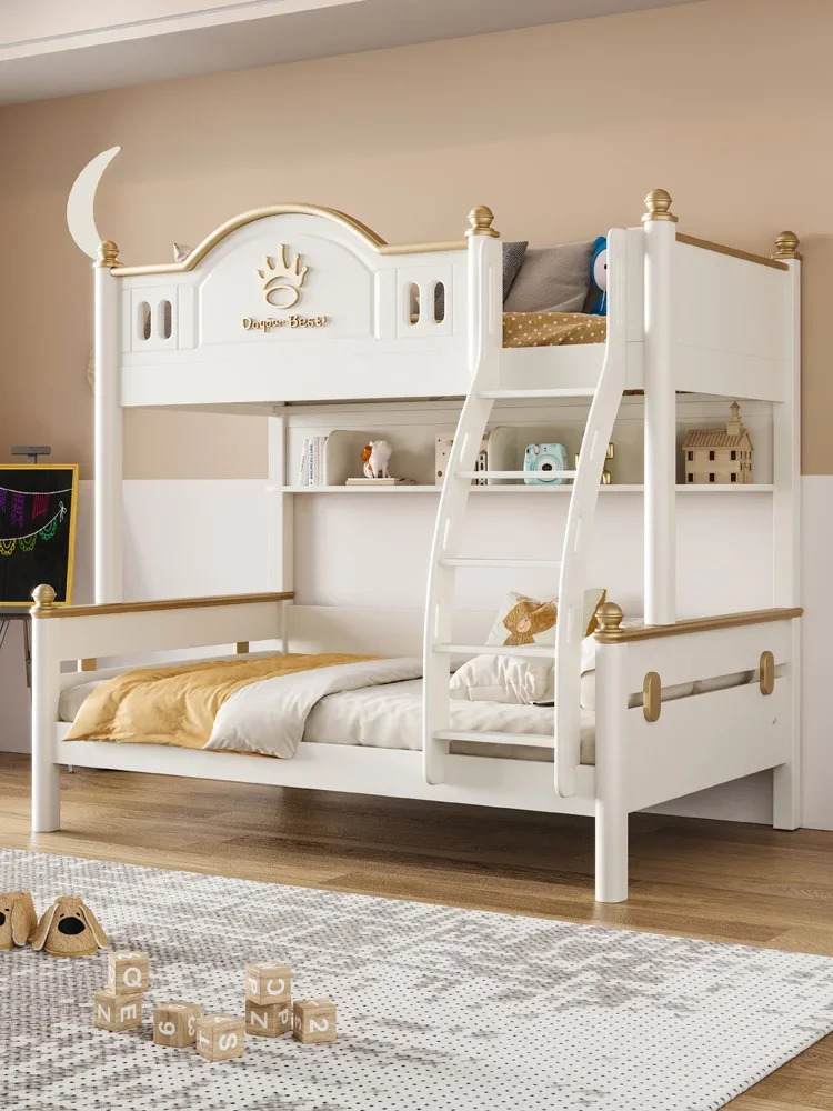 Cream Wind Children's Bed, Solid Wood, High and Low Bed, Boys and Girls, On and Off the Bed, Small Bed