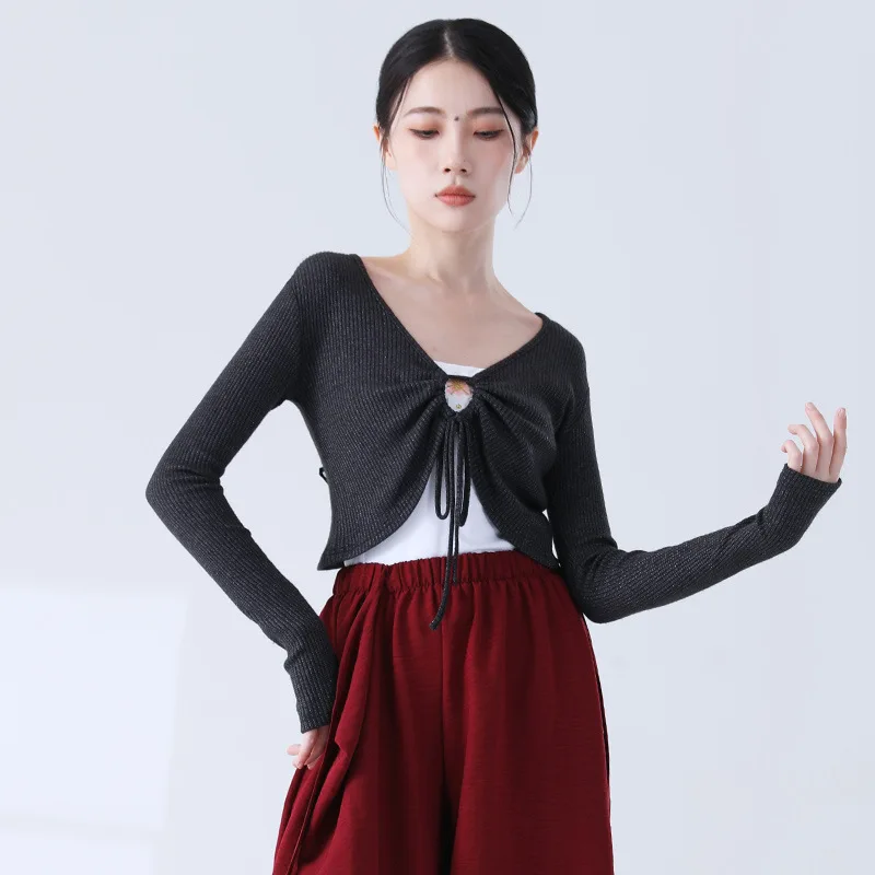 Одежда для современных танцев, кружевной кардиган на шнурке, женский свитер для тела с рифмами, весенне-осенний танец