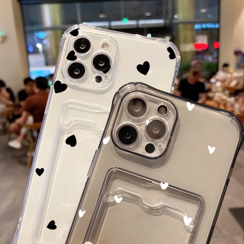 Hülle für iPhone 18 17 16 15 14 13 12 11 Pro Max Schwarz Weiß Herz Transparente Handyhülle für iPhone 16 Plus Brieftasche Kartenfach Hülle – Detail 5