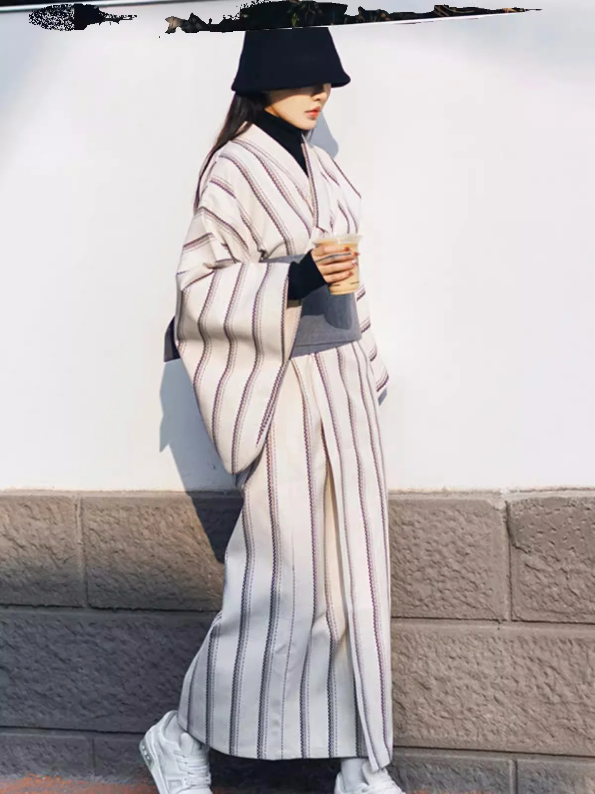 Japan Style Traditional Kimono, Black White Stripe Retro Long Dress for Spring, Photography Dress, Cosplay Costume