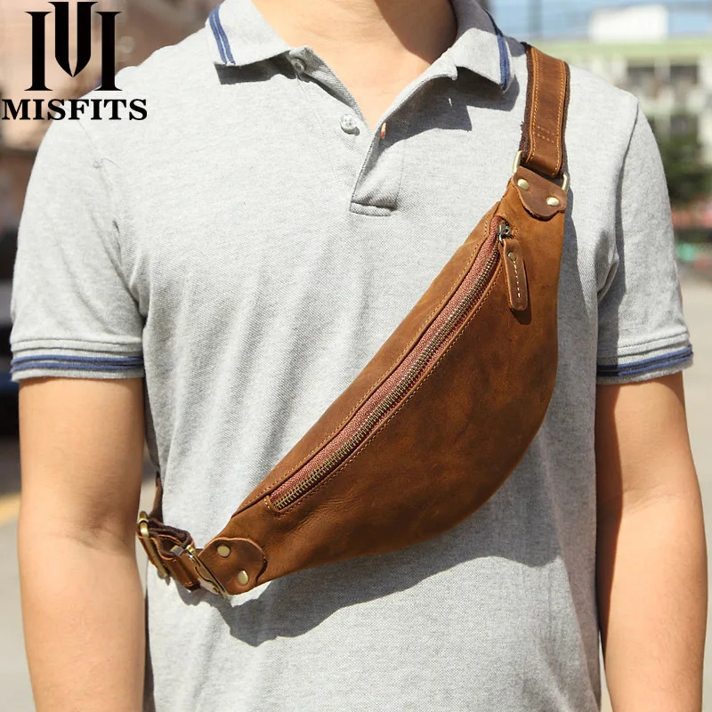 Men's waist bag long zipper purse diagonal cross chest bag large capacity waist bag storage real leather