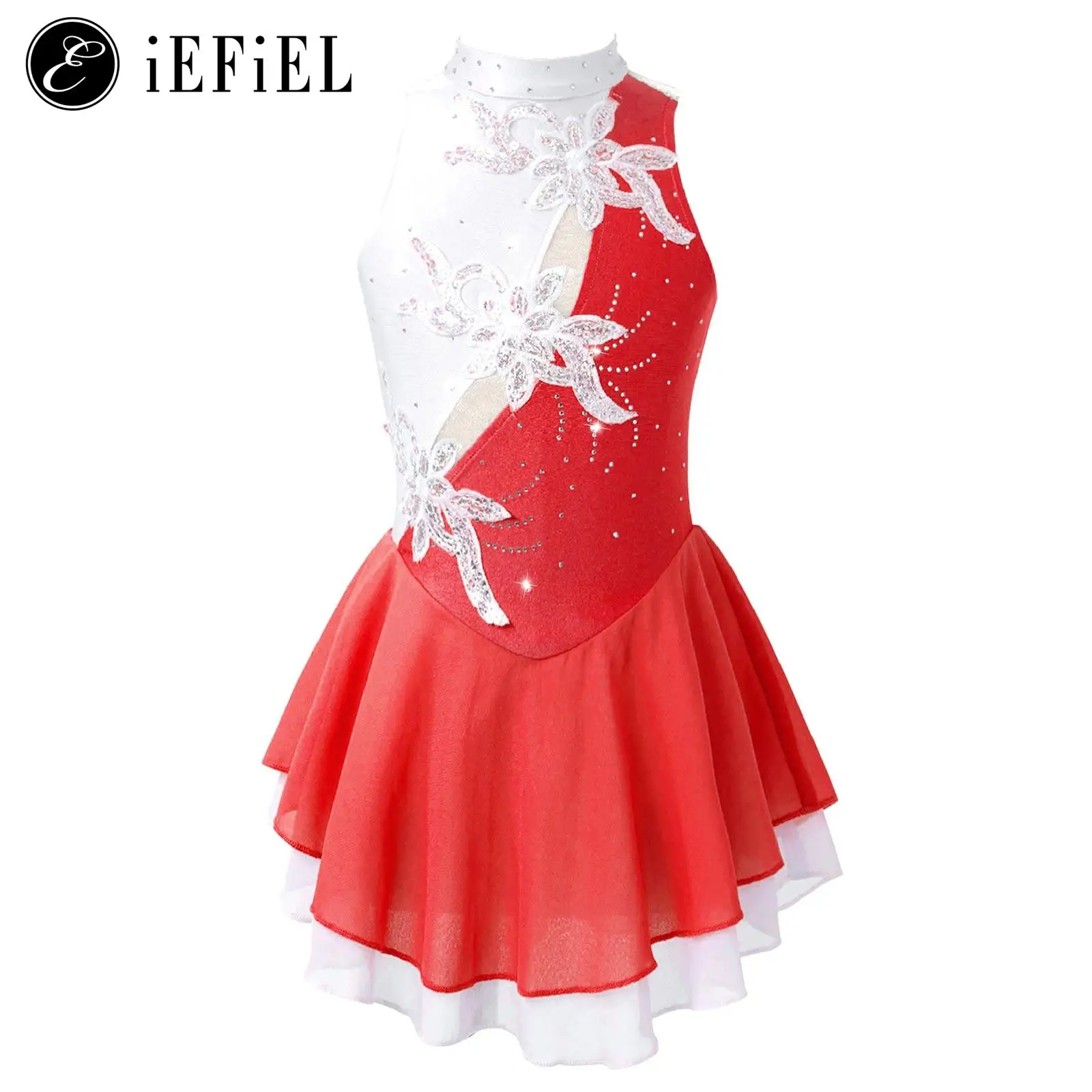 Girls Sequins Floral Applique Hollow Back Dance Dress Gymnastics Figure Ice Skating Roller Skating Competition Costume