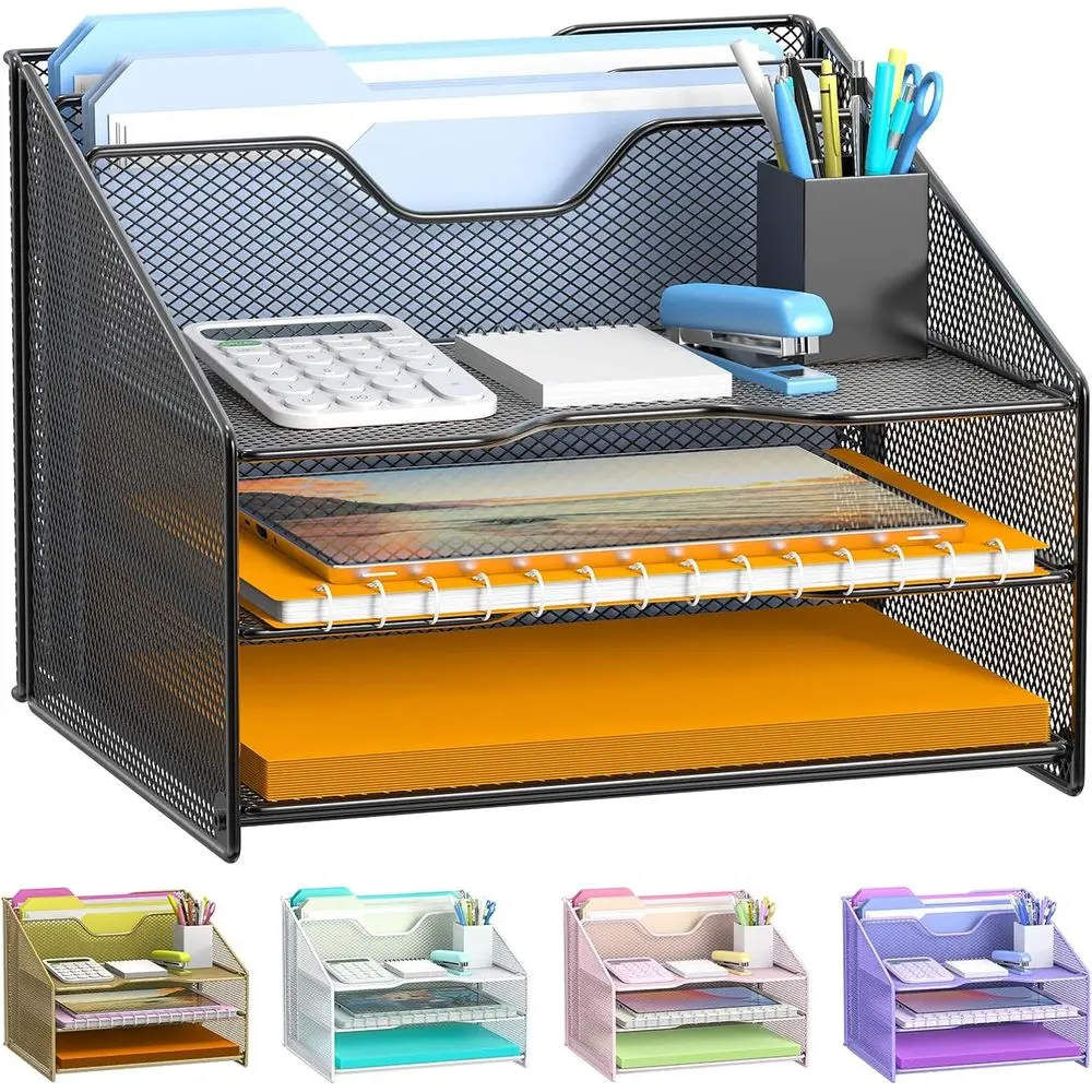 

Настольный органайзер для файлов, сетчатый держатель для файлов с 3 лотками для бумаги и 2 вертикальными вертикальными секциями, для офисных принадлежностей, стола