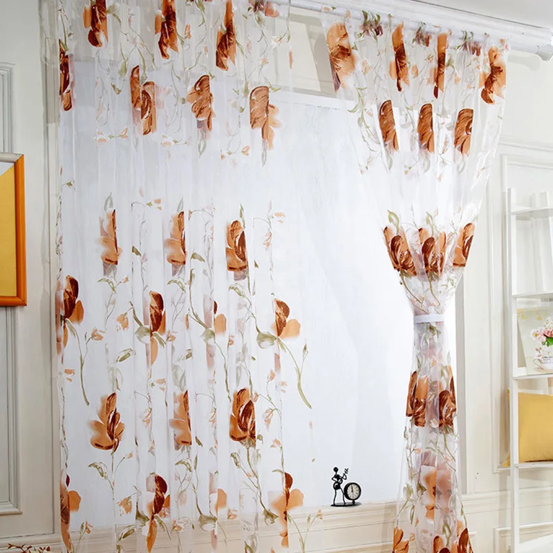 

Elegant Flower Printed Sheer Curtain Summer Window Screen Floral Decoration Draped Thin Gauze Curtain For Bedroom Living Room