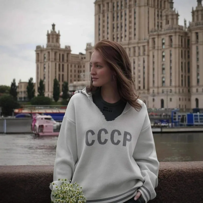 

Свитер с вышивкой букв и U-образным вырезом, осенне-зимний, женский, в стиле Y2K, для уличных танцев, повседневный, для кампуса и путешествий, вязаный свитер
