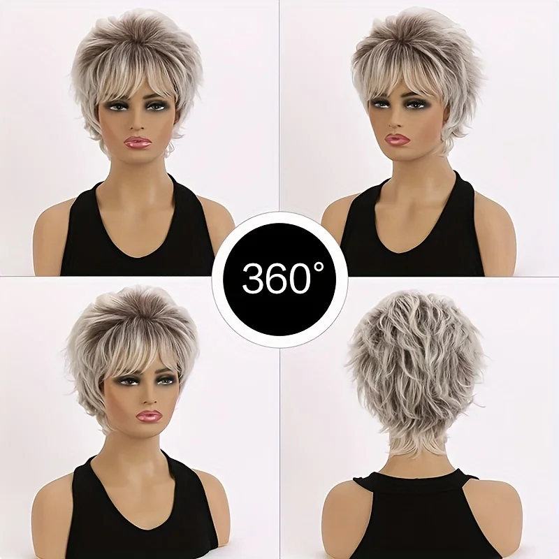 Shallow gold white gold gradient ladies' short synthetic wig slanted bangs layered bob, natural and easy-to-style full headpiece
