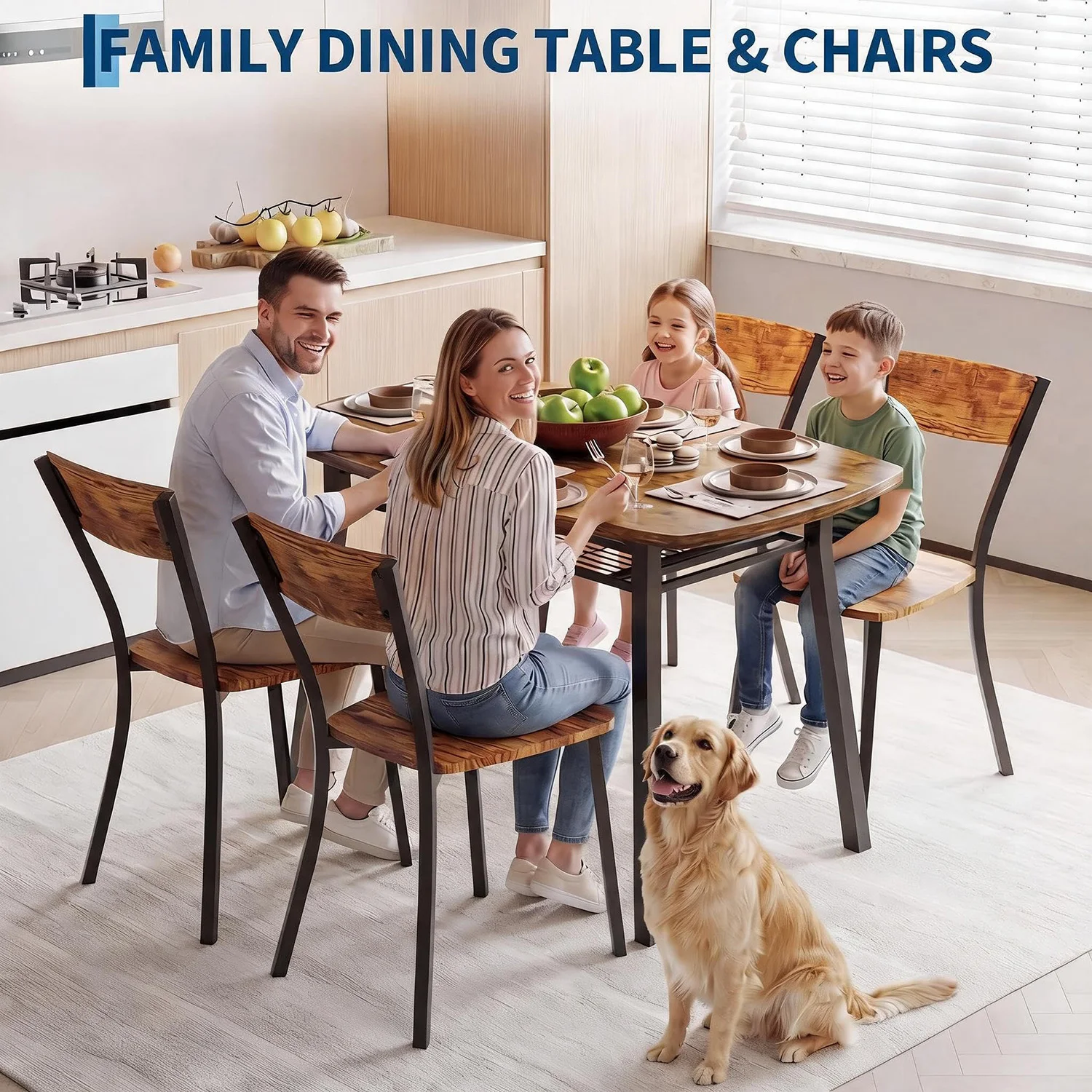 5 Piece Dining Table Set For 4, 43 Inch Kitchen Table And 4 Chairs With Storage Shelf, Space Saving Dining Set For Apartment