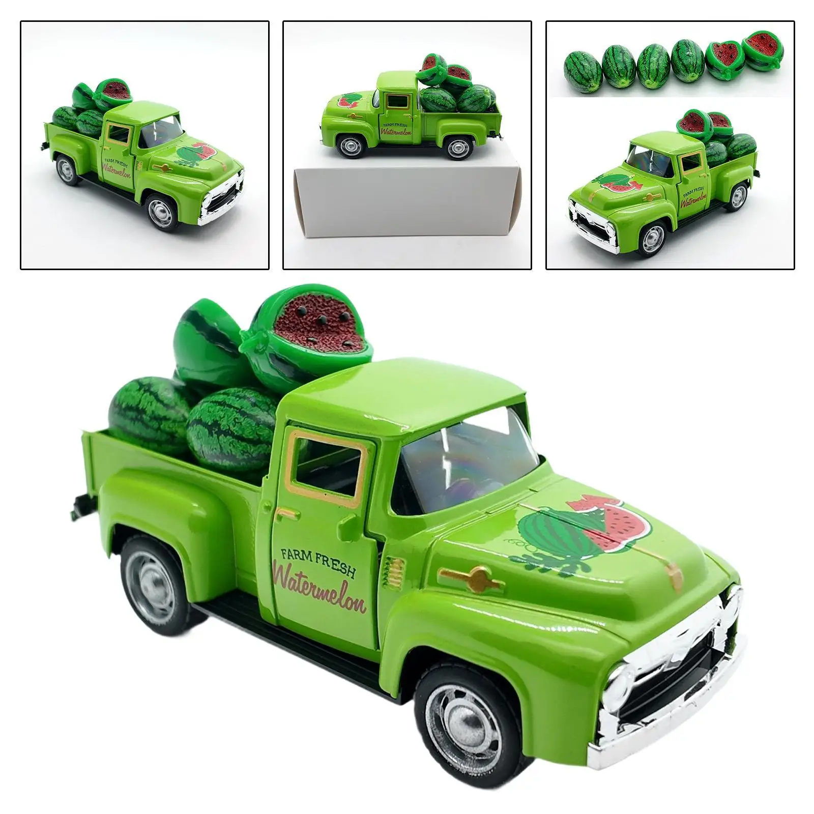 

Мини-винтажный зеленый металлический пикап, декор арбуза с 6 мини-арвунами