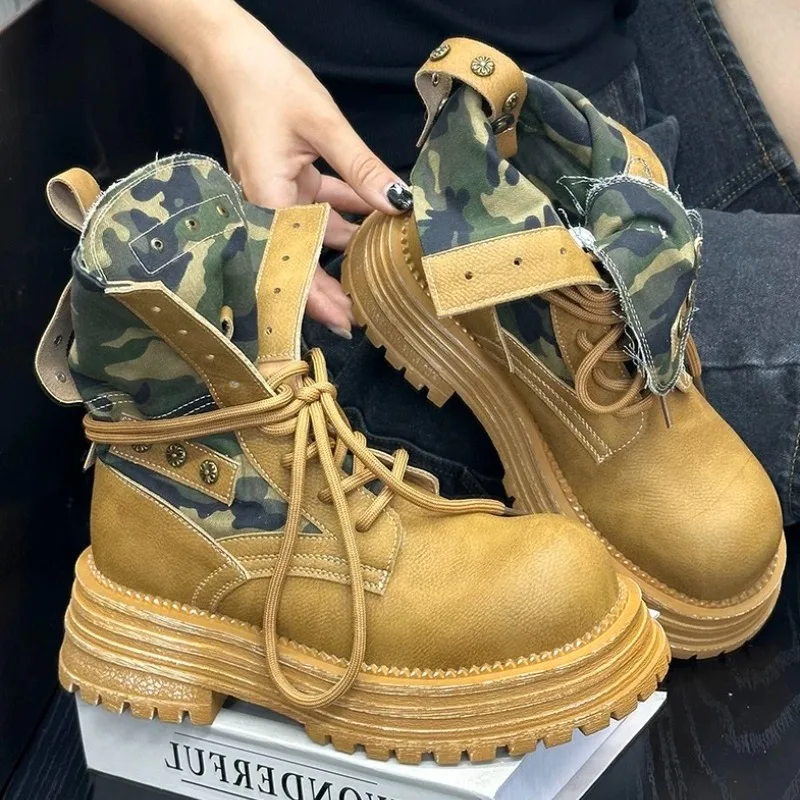 Women's Single Boots Spring Autumn New Thick Soled Color Military Training Shoes Fashion Comfortable Non-slip Camouflage Boots