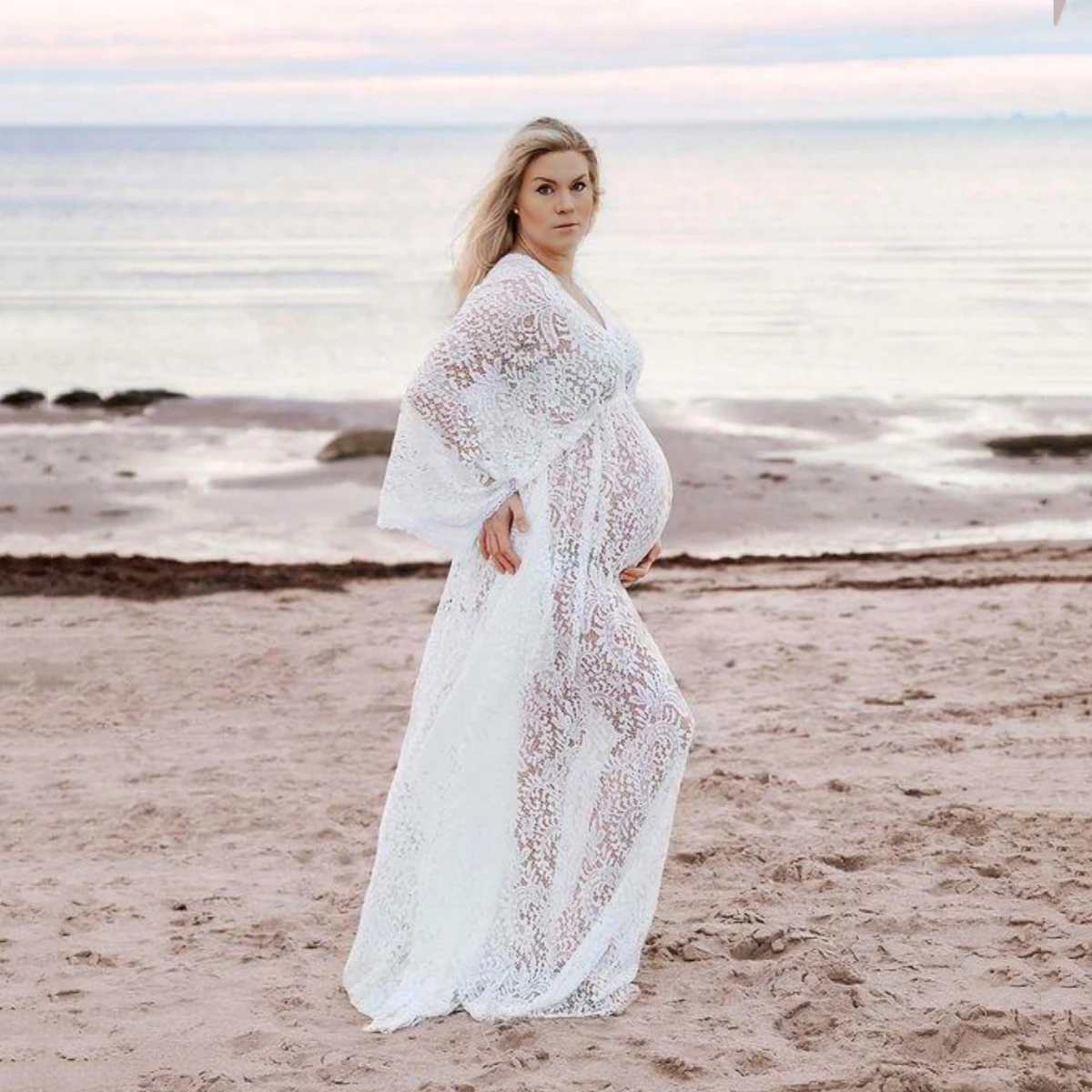 White Lace Boho Maternity Long Dress For Photo Shoot V-neck See Through Lace Pregnant Woman Bohemian Photogrpahy Dress