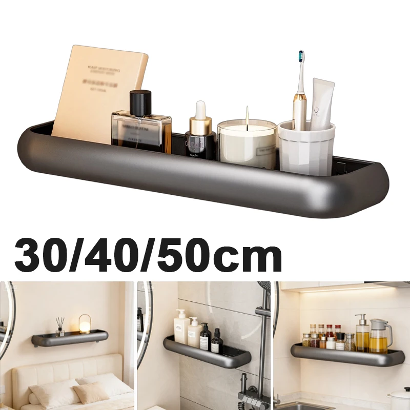 

Wall Mounted No Drill Bathroom Shelf Minimalist Aluminum Alloy Sturdy Rustproof with Towel Holder Large Capacity Vanity Storage