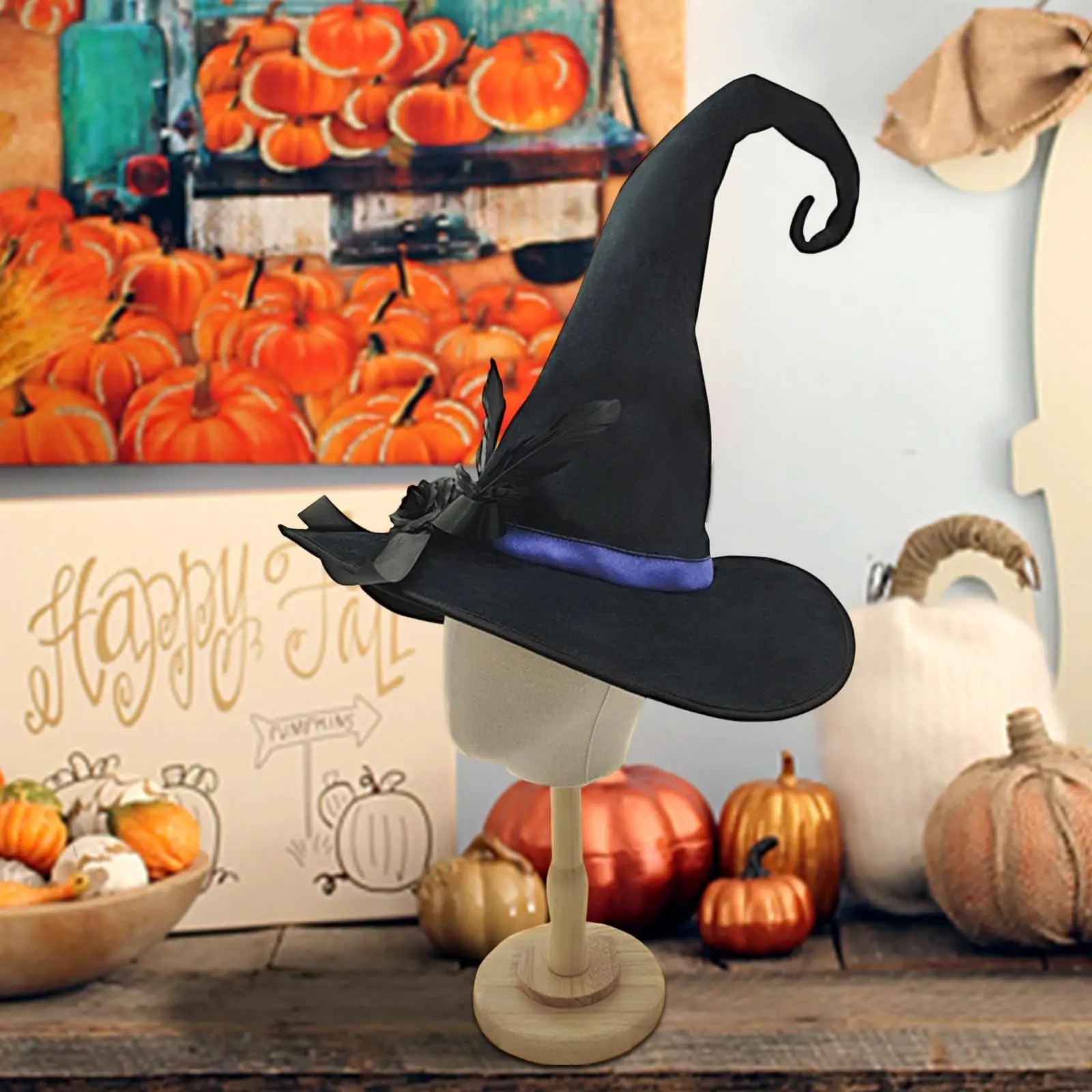 Chapéu de bruxa preto de aba larga com penas – acessório gótico feminino de cosplay de Halloween para sessões de fotos, festas de fantasia de bruxa