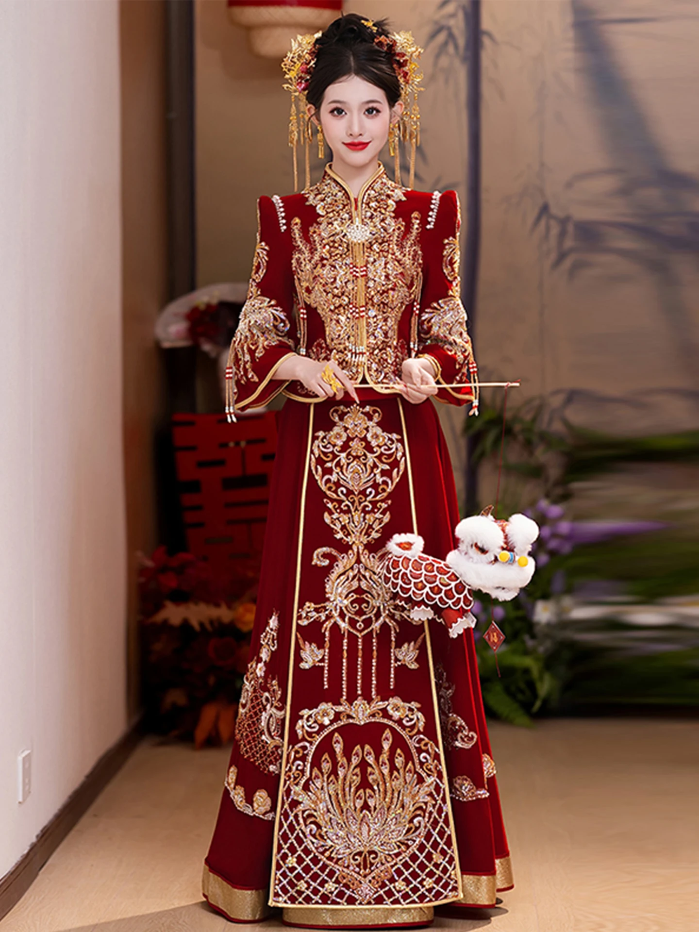 

Velvet ow orm Wedding Dr plus Size Slimming Chinese Sle round Collar Embroidered New Bride Gown for Marriage Ceremony