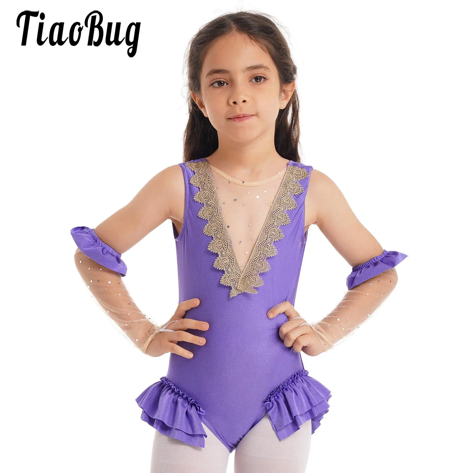 

Kids Princess Trapeze Show Costume Halloween Circus Ringmaster Fancy Dress Up Bodysuit with Skirt Mesh Wristband Cosplay Outfit