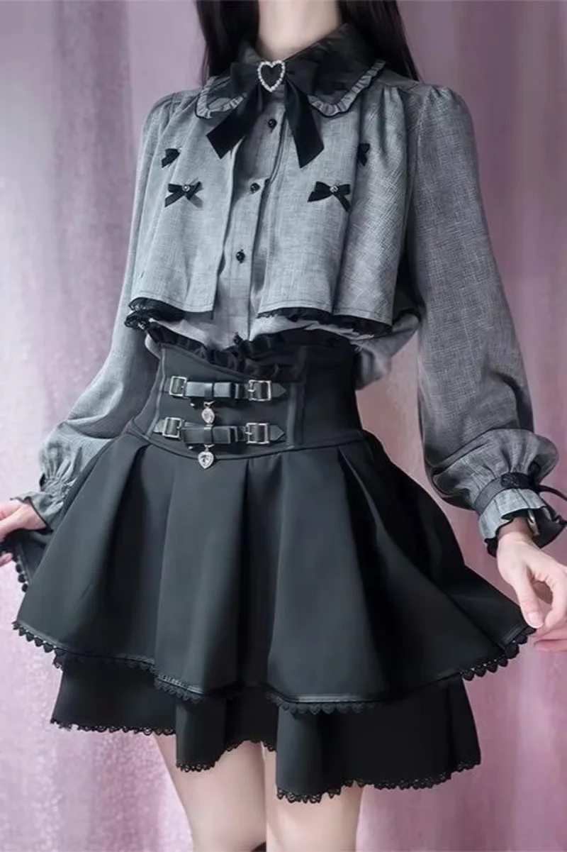 Japanisches Lolita-Röcke-Set mit Schleife, graues Hemd + kurzer Rock, süßes, süßes Mädchen-Zweiteiler-Set, Damen-Outfits, Frühlings-Neuheit, schicke Y2k-Kleidung