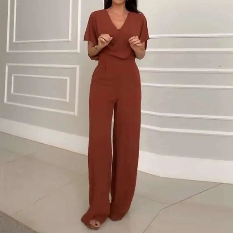 الصيف الشارع فضفاض واسعة الساق Playsuit سيدة الخامس الرقبة قصيرة الأكمام عالية الخصر بذلة مكتب أنيقة الصلبة جيب مستقيم رومبير