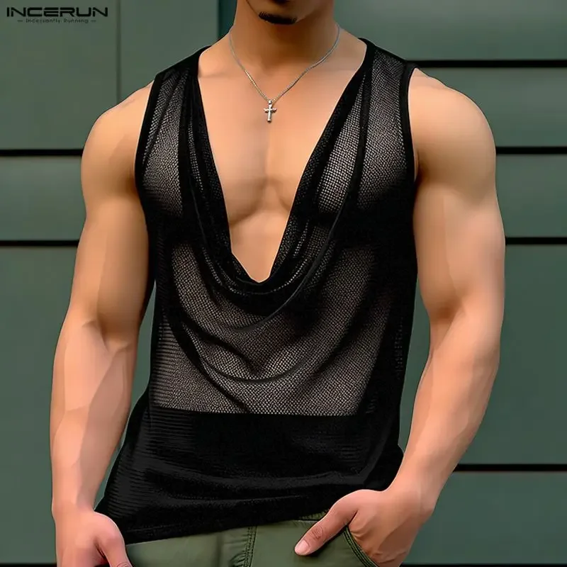 INCERUN Men Tank Tops Mesh See Through Sexy Solid Color Male Vests Tops Streetwear Summer 2026 Party Fashion Casual Men Clothing