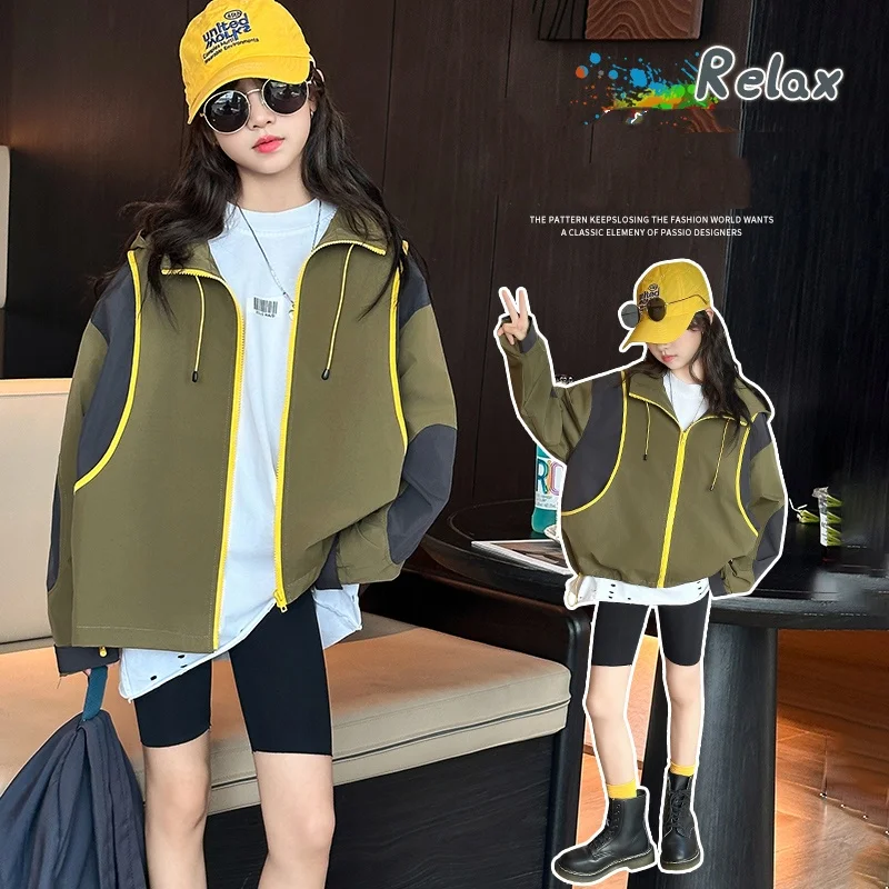 

Kid Spring Autumn Jacket Child Windbreak 4-14Y Baby Girl Vintage Casual Fashion Sporty Coat Little Child Patchwork Daily Outwear
