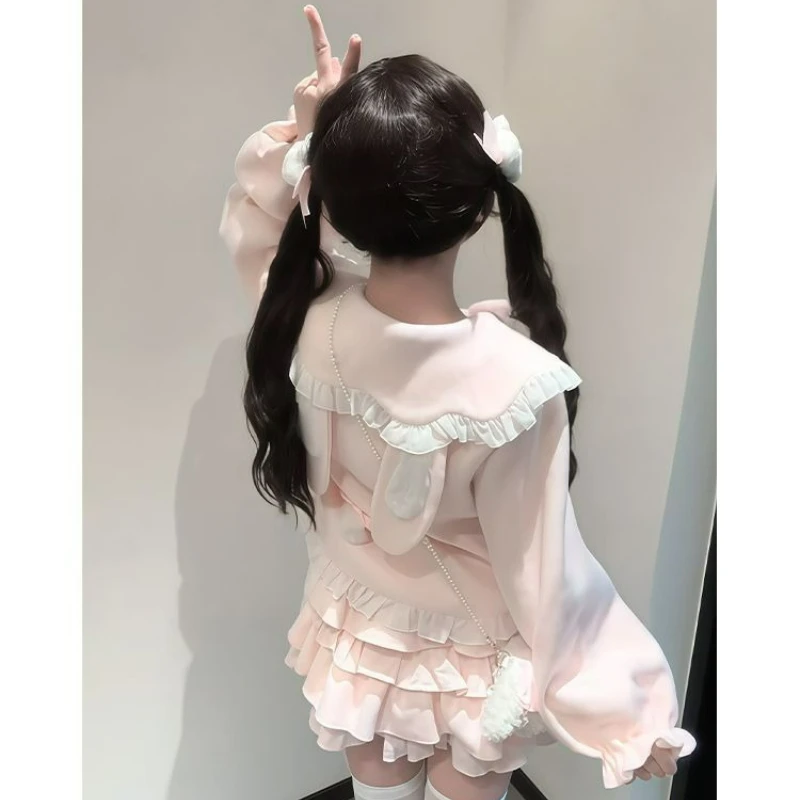 Pink Japanese Sweet Lolita 2 Piece Sets Women Cute Bow Woolen Coat Kawaii Rabbit Ears Mini Skirts Y2k Aesthetic Princess Outfits