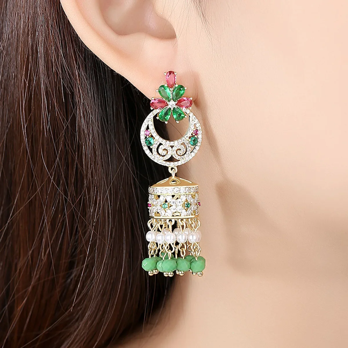 Indian Earrings Copper Inlaid with Colored Zircon Earrings Retro Ethnic Creative Bells Pearls