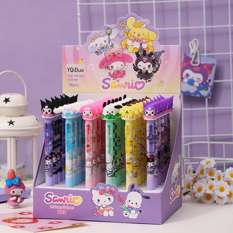 Hot Sanrio 36pcs Gel Pens Japanese Cute Donuts Hellokitty Kuromi Press Pen Girl's Daily Signature Pen 0.5 Black Exquisite Gift