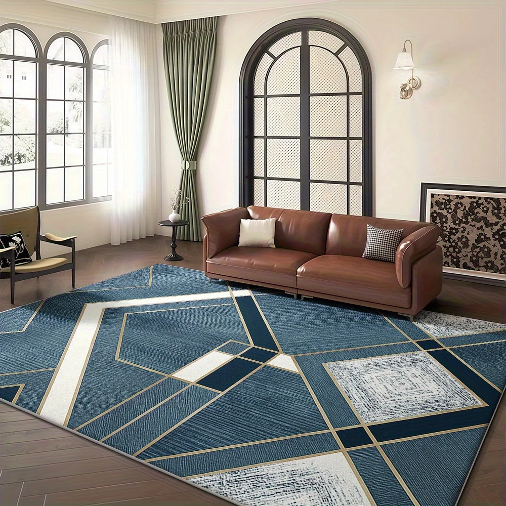 Modern Abstract Curve Area Rug Grey Blue Overlapping Ring Soft Gradient Sparkle Speck Print Floor Mat Minimalist Decor Carpet