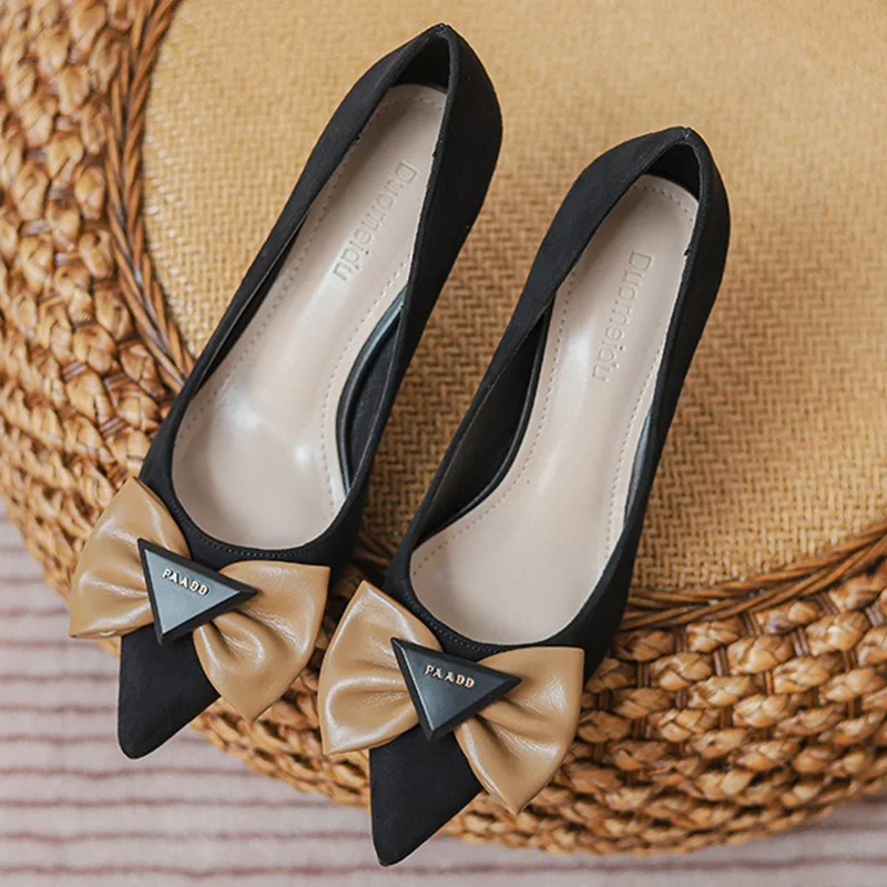 

2024 Summer Women 5/7cm Thin High Heels Leisure Elegant Butterfly Knots Pointed Toe Cinderella Oversized Fashion Suede Shoes