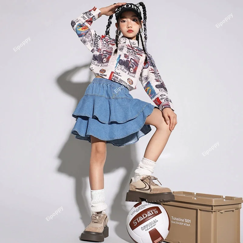 Hip Hop Girls Graffiti Shirt Layered Denim Skirt Child Crop Blouse Street Dance Cargo Pants Jazz Clothes Sets Kids Streetwear