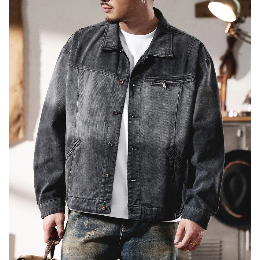 Vintage Gradient Cotton Denim Short Jacket Men Streetwear Fashion Loose Plus Size Spring Autumn Casual Jeans Cargo Jacket Coat
