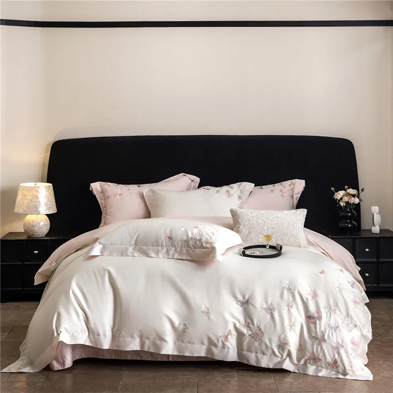 

Luxury Egyptian Cotton Butterfly Embroidery Bedding Set Duvet Cover Set Bed Sheet/Fitted Sheet Pillowcases 4Pcs