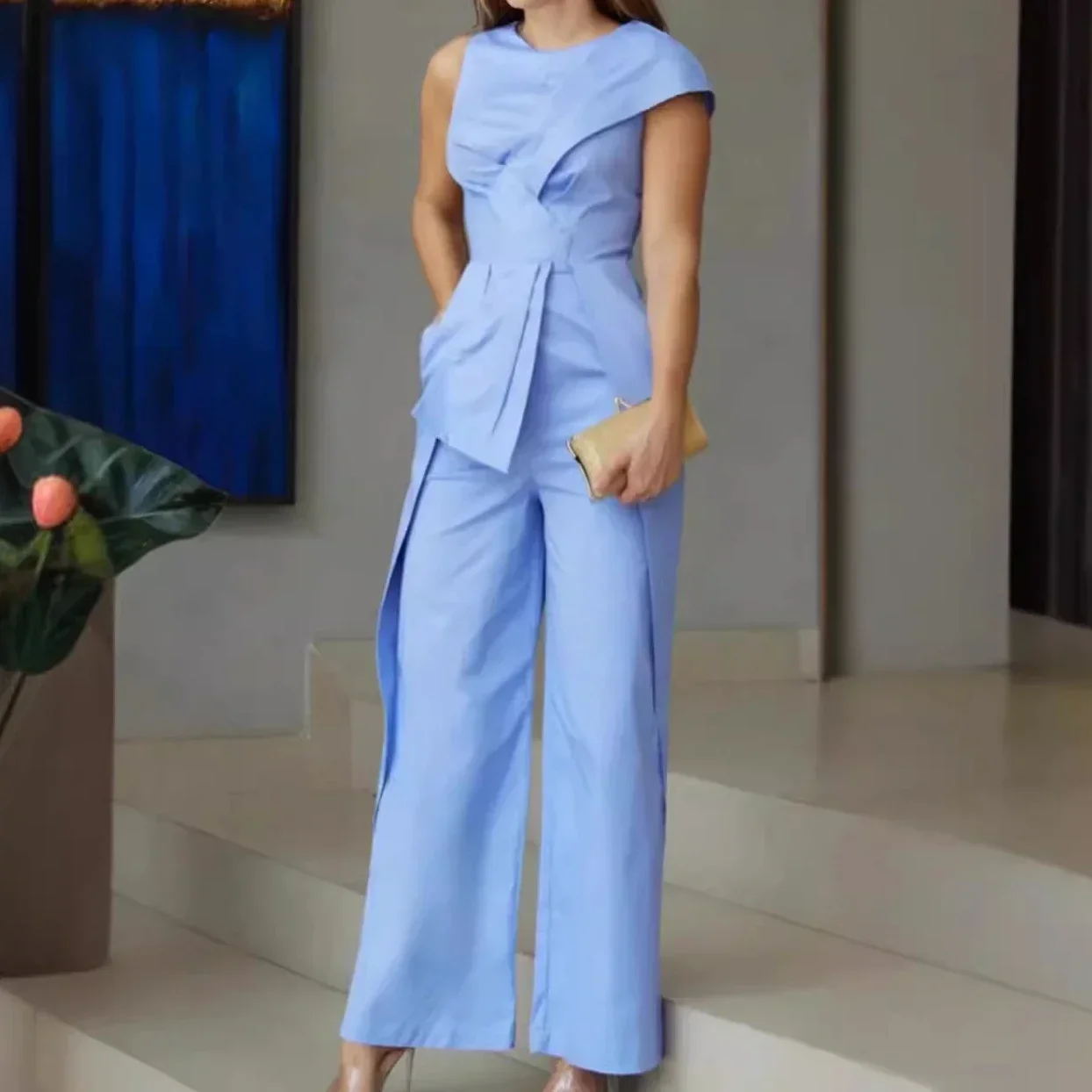 Jumpsuits Dames Eendelig Blauw Onregelmatigheid Elegante werkbroek Mouwloze overalls Wijde pijpen Lange broek Rompertjes Slim Fit Casual