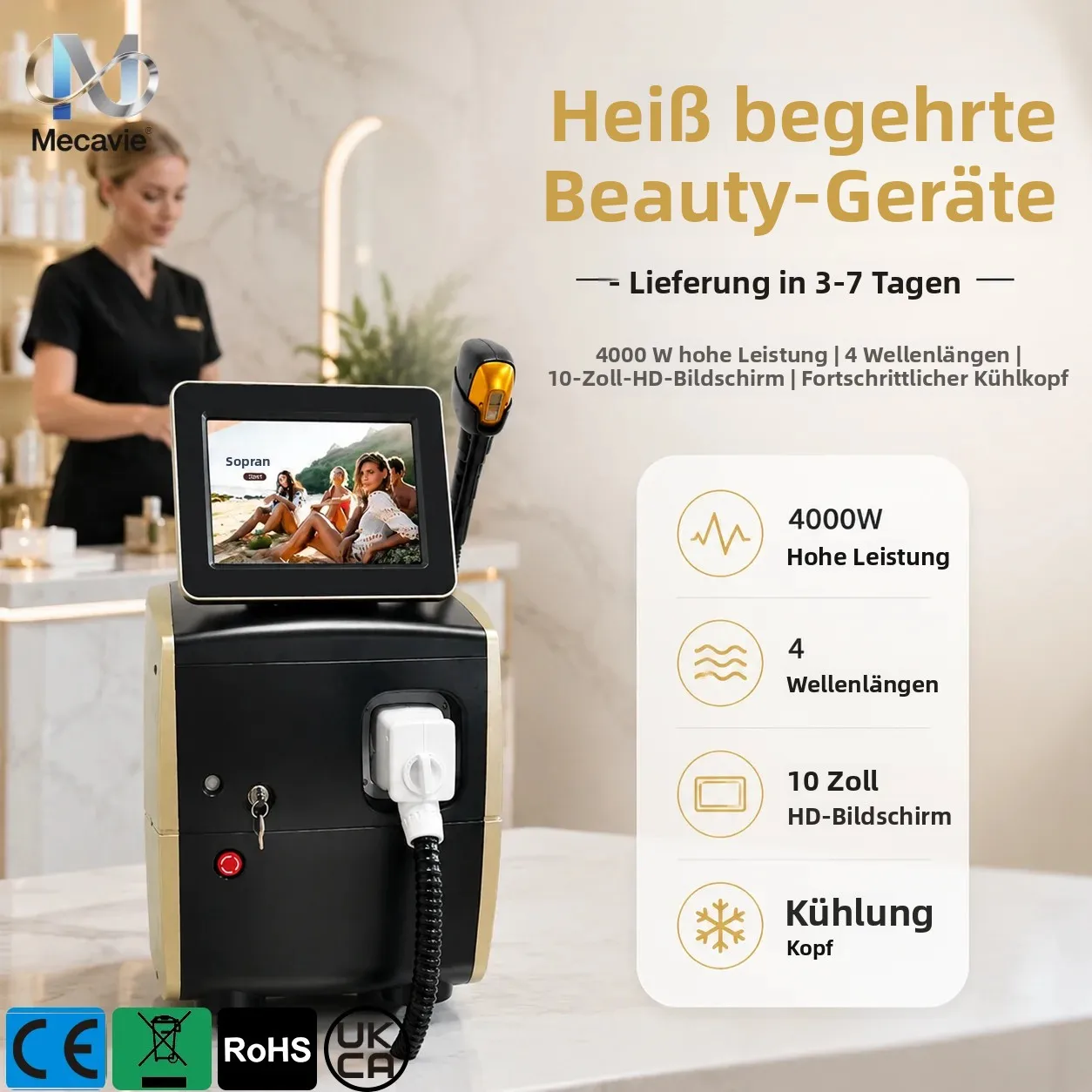 808nm Diodenlaser-Haarentfernungsgerät 4000W Alexandrit 4 Wellenlängen Ice Platinum Dauerhafte Schmerzfreie Physikalische Schnelle Haarentfernung 10-Zoll-Bildschirm Kühlkopf für Gesicht Achseln Bikini