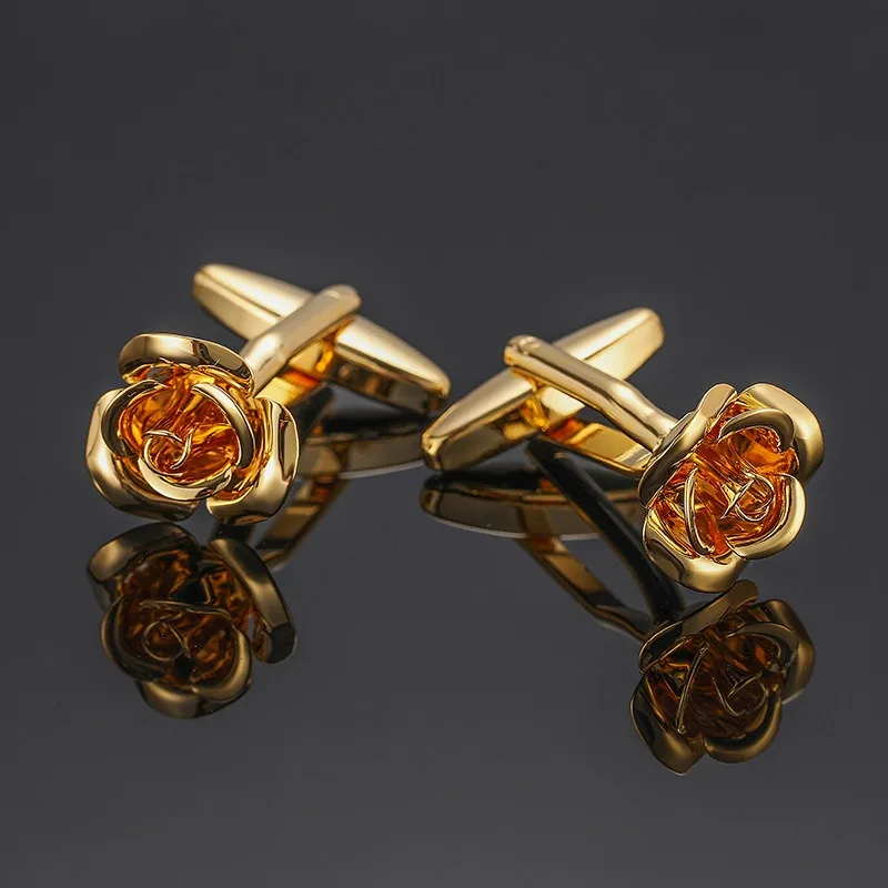 Hochwertige Kupfer-Manschettenknöpfe Gold Silber Quadratisch Gebürstete Manschettenknöpfe für Herren-Französisch-Hemden mit Rundem Muschel-Zirkon-Rosen-Einlage – Detail 7