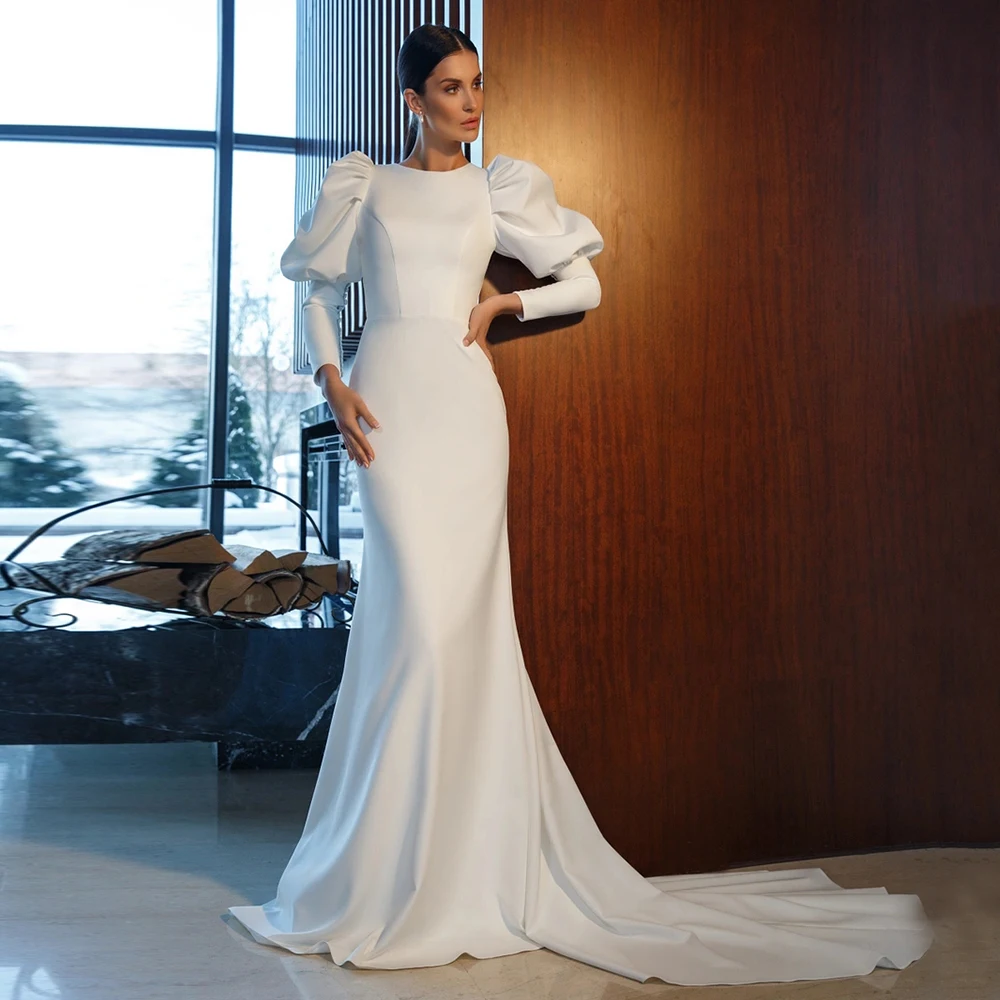 Modest Trumpet Wedding Dress For Bride Puff Sleeve Civil Bridal Gown Backless Scoop Neck Sweep Train Robe De Mariee Femme 2024