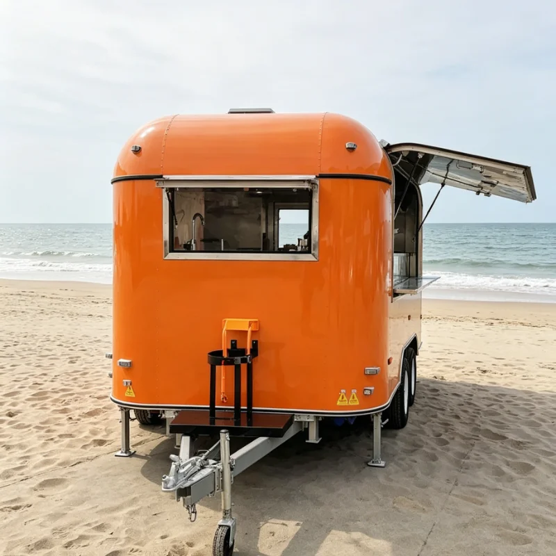 Customized Food Stall Cart Mobile Kitchen with Stainless Steel Counter Refrigerator Sink forPizza BBQ Hot Dog Fast Food Business