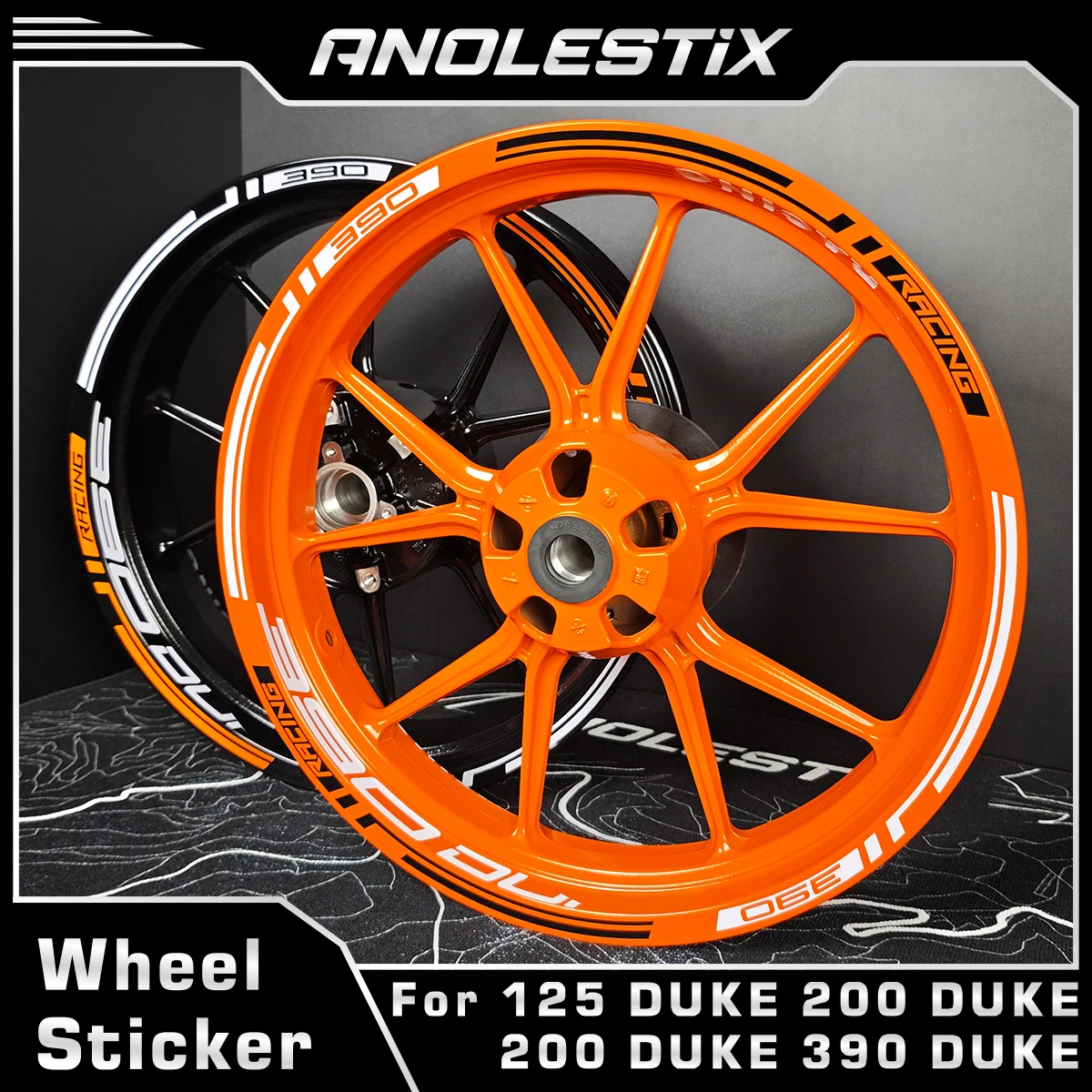 

AnoleStix Reflective Motorcycle Wheel Sticker Rim Stripe Tape Hub Decals Set For KTM 390 duke 125 200 250 duke 2017-2023