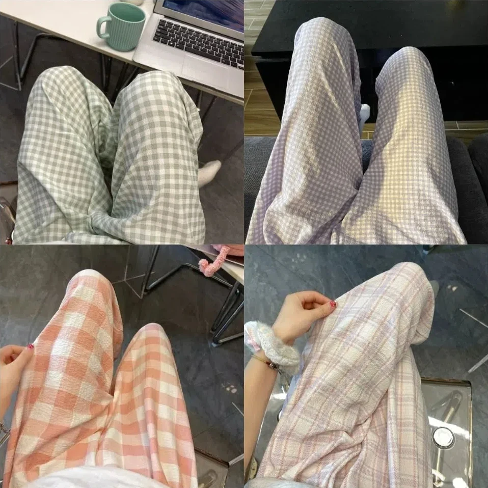 

Мягкие полосатые клетчатые повседневные брюки, женские широкие брюки с высокой талией, милые брюки, пижамы, ночная рубашка, мешковатая домашняя пижама для студентов