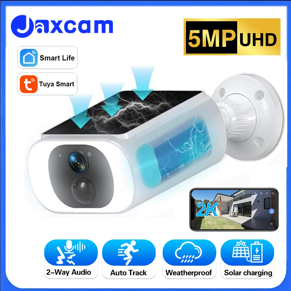 Jaxcam 5MP Wireless Solar Camera Outdoor Surveillance Integrated Battery Wifi Camera Humanoid Detection Flash Alarm Night Vision