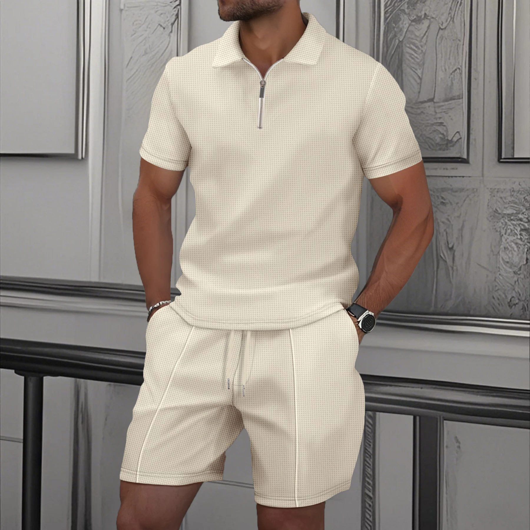 2025 Men's American European Summer Waffle fabric solid color zipper short sleeve set shorts two sets in a variety of colors