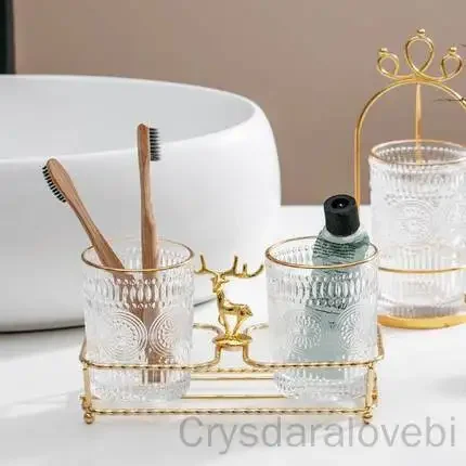 Bathroom Supplies Glass Mouthwash Cup Set Light Luxury Simple Golden Elk Iron Shelf Tooth Cylinder Cup Couple Brushing Cup Pair